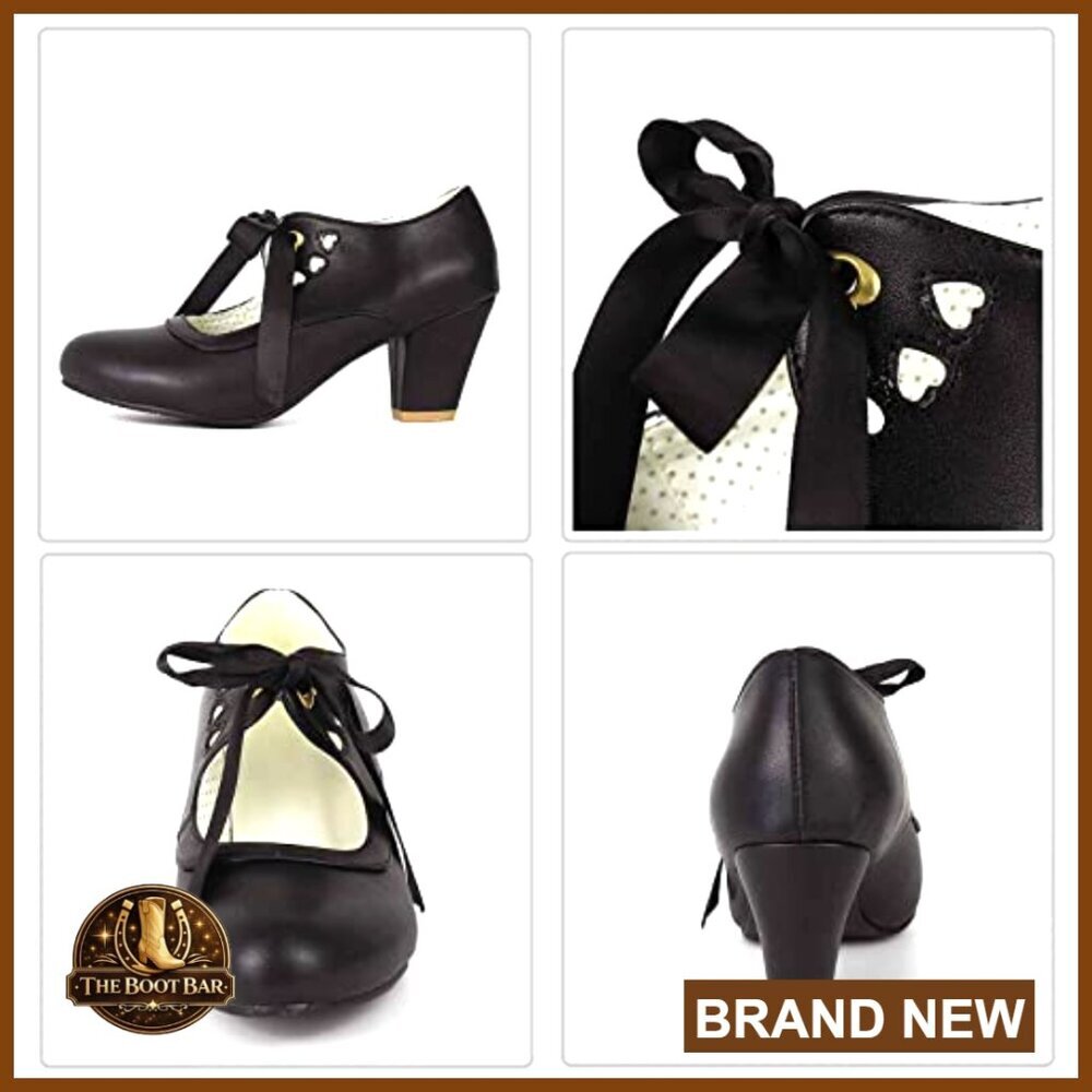 Chunky Block Heel Mary Jane Pumps with Lace Up Closure Round Toe - Picture 4 of 7
